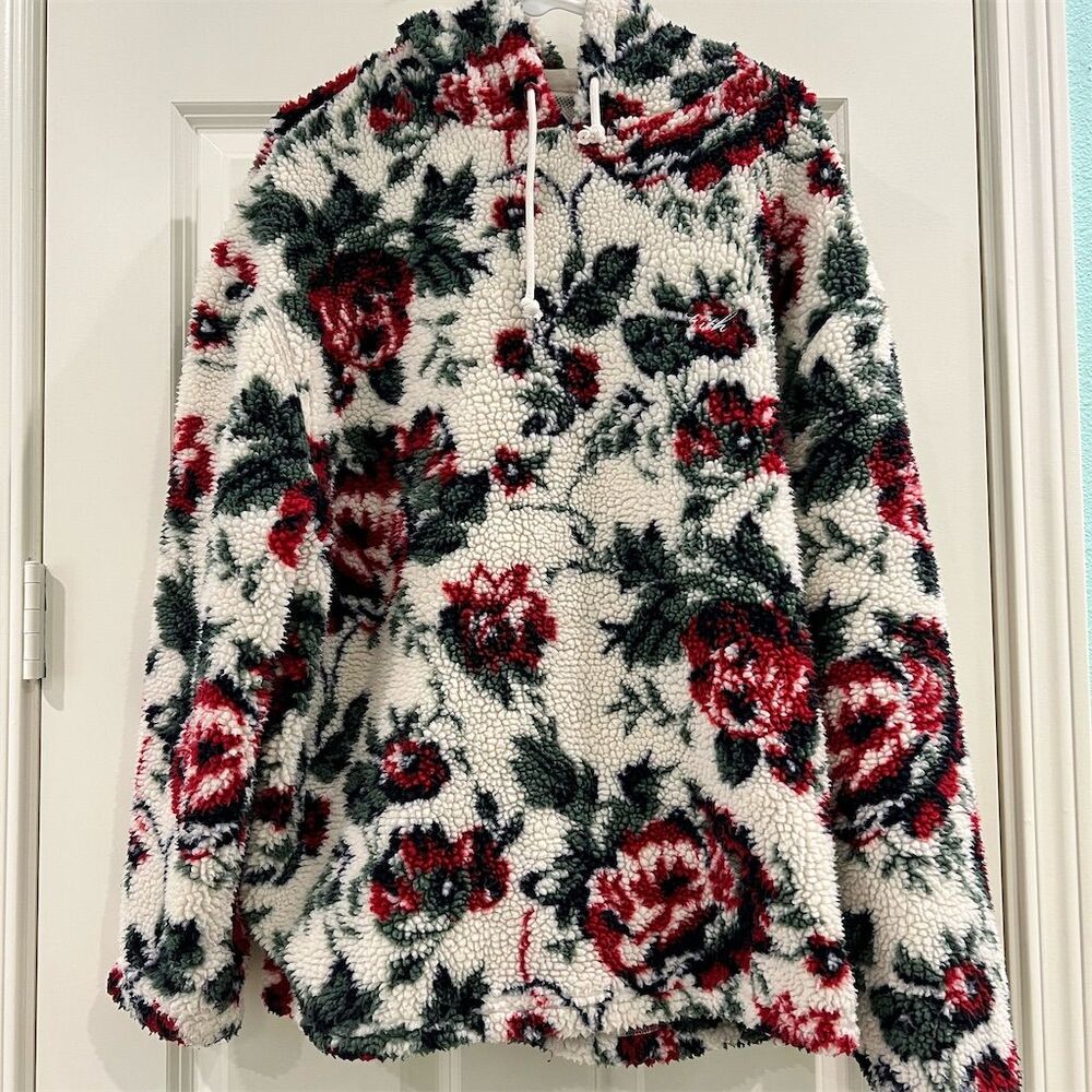 Kith Floral Sherpa Hoodie in Cream, Red & Green